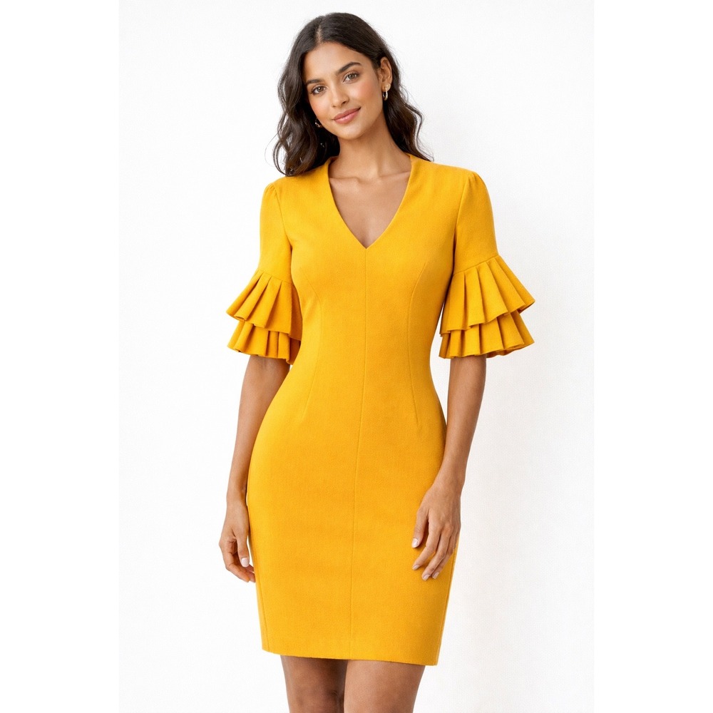 Black Halo Yellow Ruffle Sleeve‎ Dress Size 2 Small | Quiet Luxury Career Work